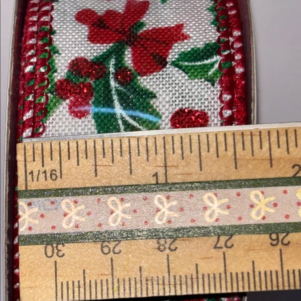 Festive Holly Print Ribbon Red and Green Holiday Ribbon Wired Edge Trad Ribbon